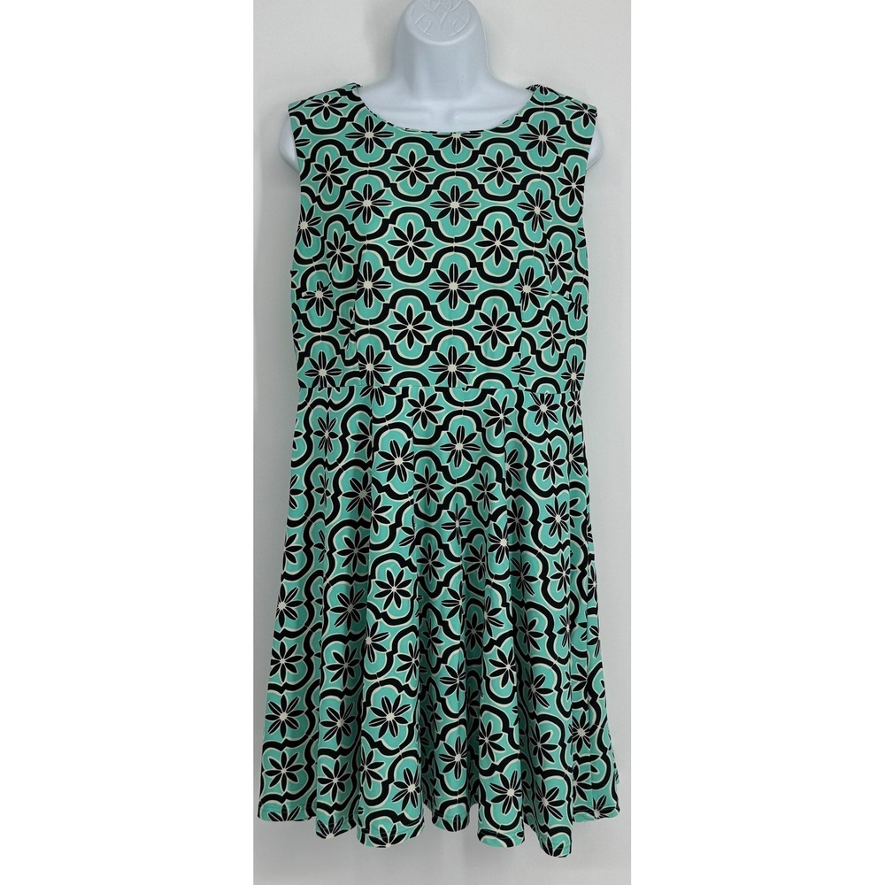 Aryeh Women's L Teal Black Floral Geometric Sleeveless Fit & Flare Dress Cottage